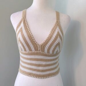 Willow & Wind, Small, Crochet Cropped Tank, V neck, Sand and White Stripes